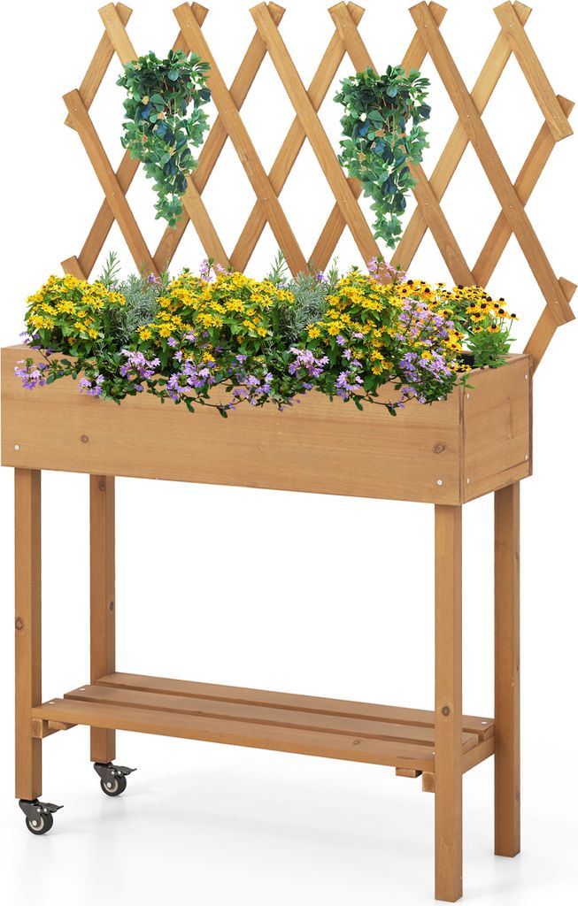 A wooden planter box with a trellis and plants, set against a white background.