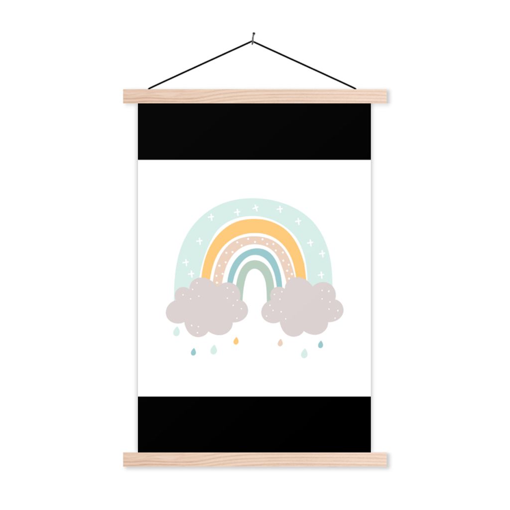 MuchoWow Textilposter Regenbogen - Wolken - Regen - Kinder - Pastell 40x60 cm mit holzfarbenen Rahmen - Poster