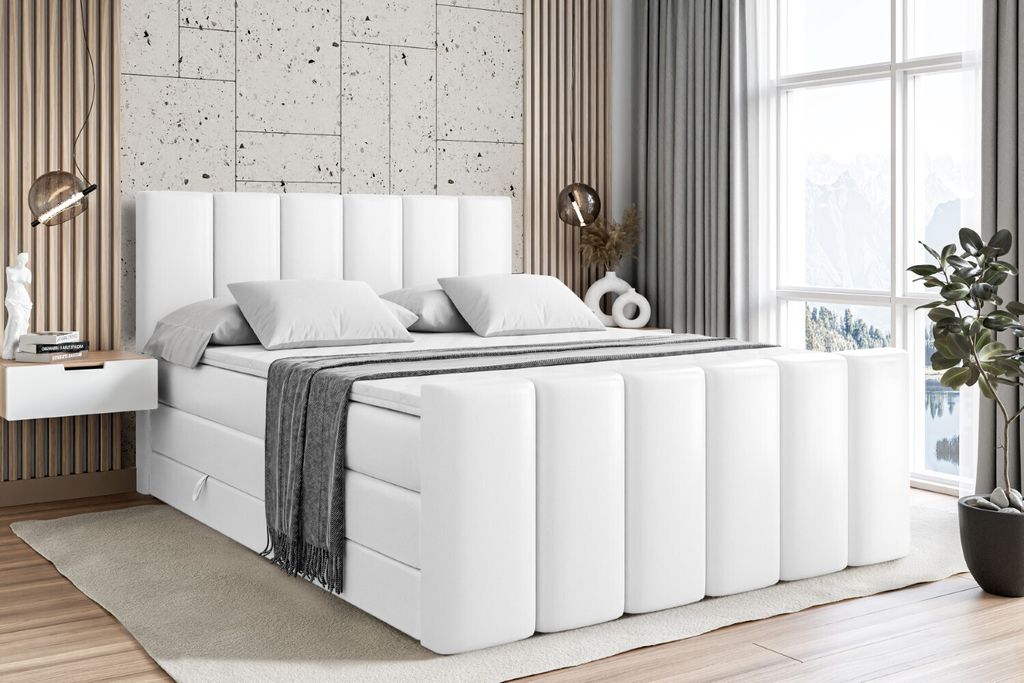 ALTDECOR Boxspringbett mit Fußteil, 2 Matratzen und Topper - 160x200 cm - BOXI1-Z KING - Weiß Kunstleder - Polsterbett mit, H3- und H4- Matratzen...