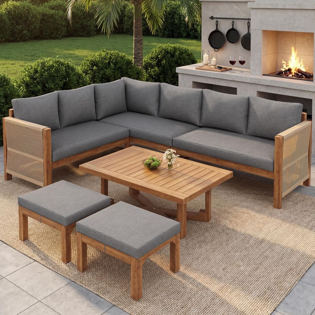 Akazienholz-Gartenmöbel-Set, 6-Sitzer Ecksofa mit Kissen, 2 Hocker & Tisch, atmungsaktiv, spritzwassergeschützt für Terrasse & Garten