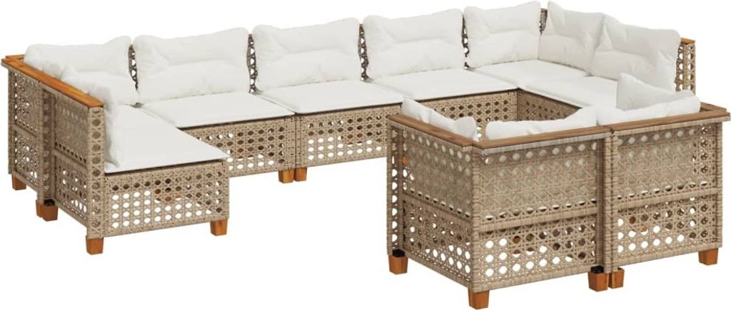 9-tlg. Garten-Sofagarnitur mit Kissen Beige Poly Rattan