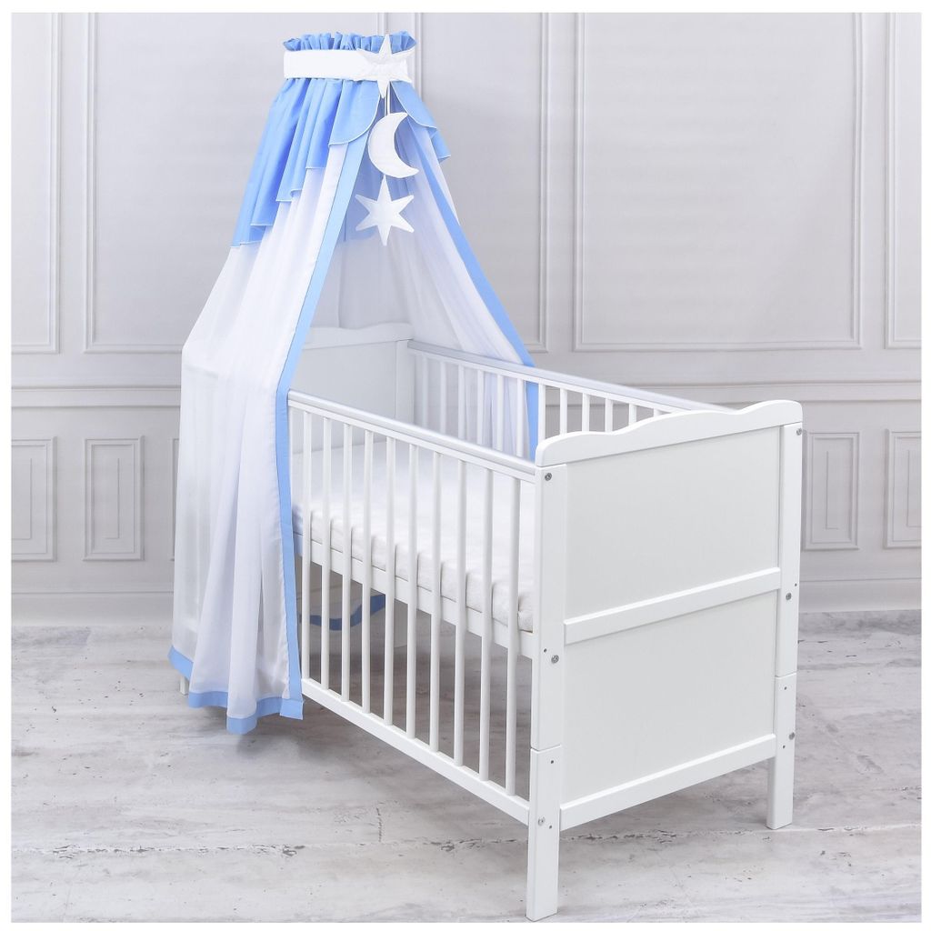 Baby-Delux Betthimmel mit Mond und Sterne Applikation Chiffonhimmel für Babybett Himmel Blau