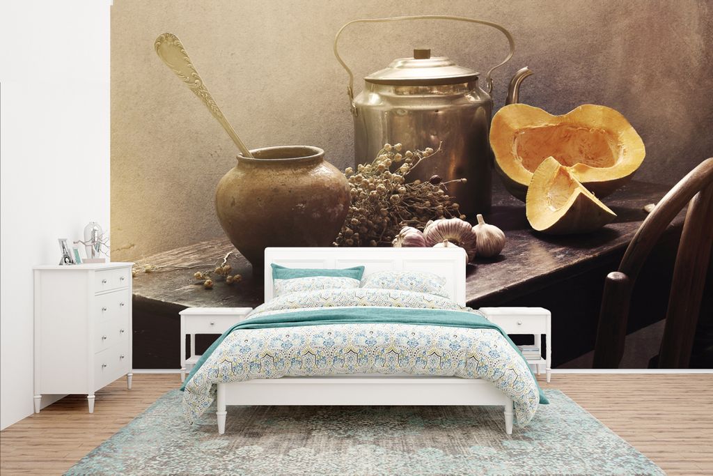 MuchoWow Fototapete für Wohnzimmer oder Schlafzimmer Wandtapete Vinyl Motivtapete Stilleben - Kürbis - Knoblauch - Pfanne - Tisch - 435x260 cm ...