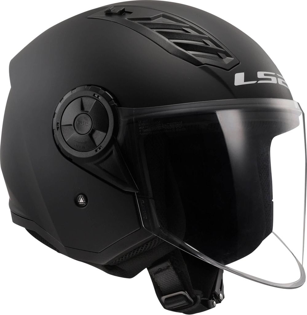 A black LS2 jet helmet with a clear visor, shown from a side angle against a white background.