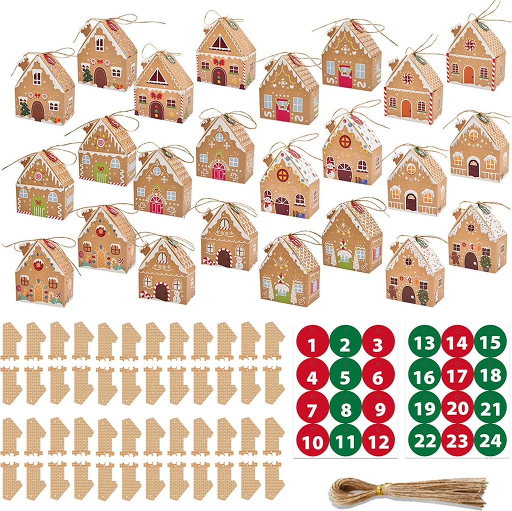 24 Stück Weihnachtsgeschenkboxen in Form von Lebkuchenhäusern aus Papier, ideal als Gastgeschenke für Weihnachtsfeiern, Kekse und Süßigkeiten.
