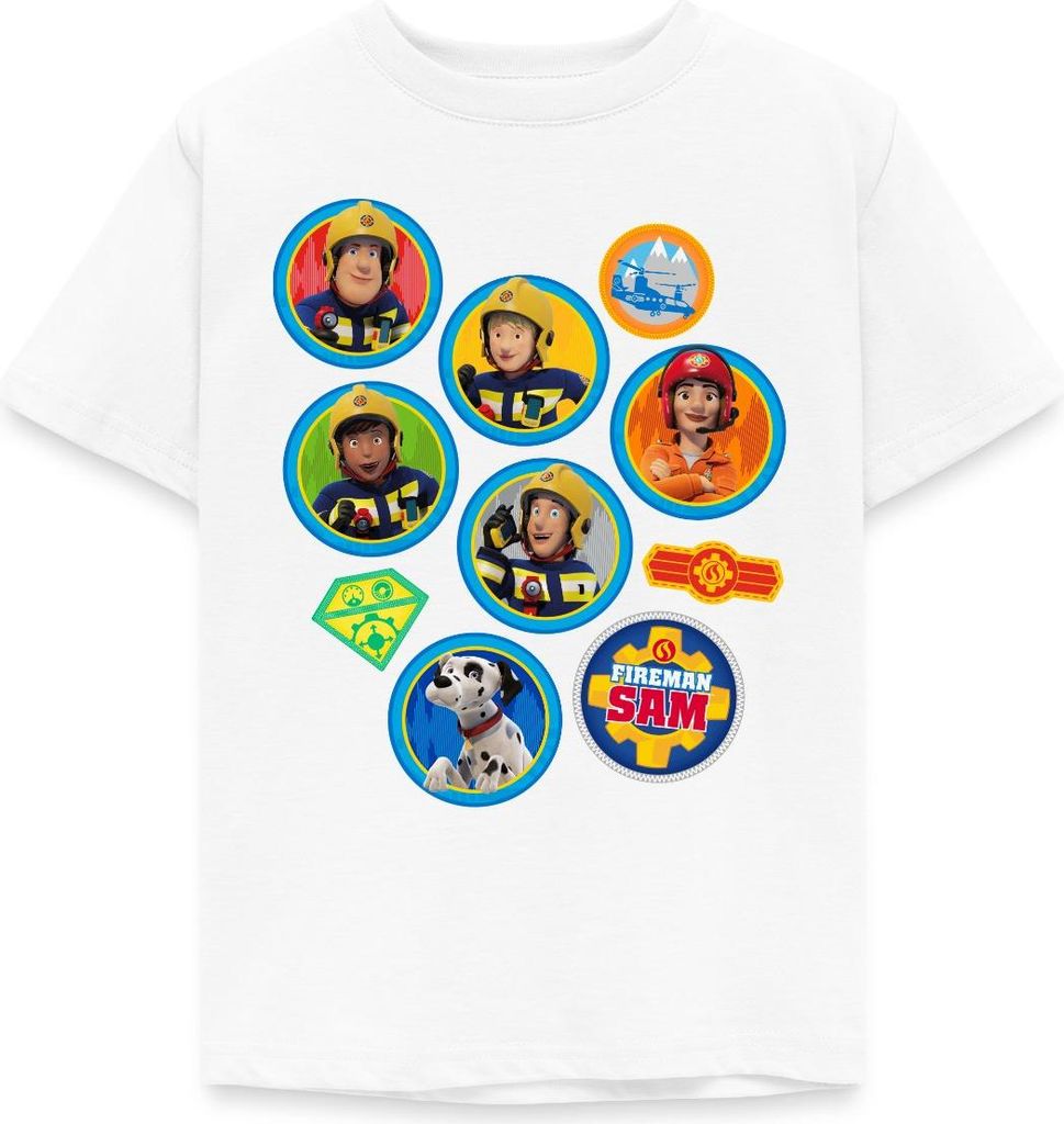 Spreadshirt Feuerwehrmann Sam Patch-Design Vom Ganzen Team Kinder T-Shirt, 98/104 (3-4 Jahre), Weiß