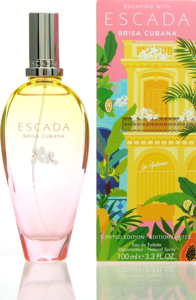 A perfume bottle and its packaging are displayed side-by-side against a white background.