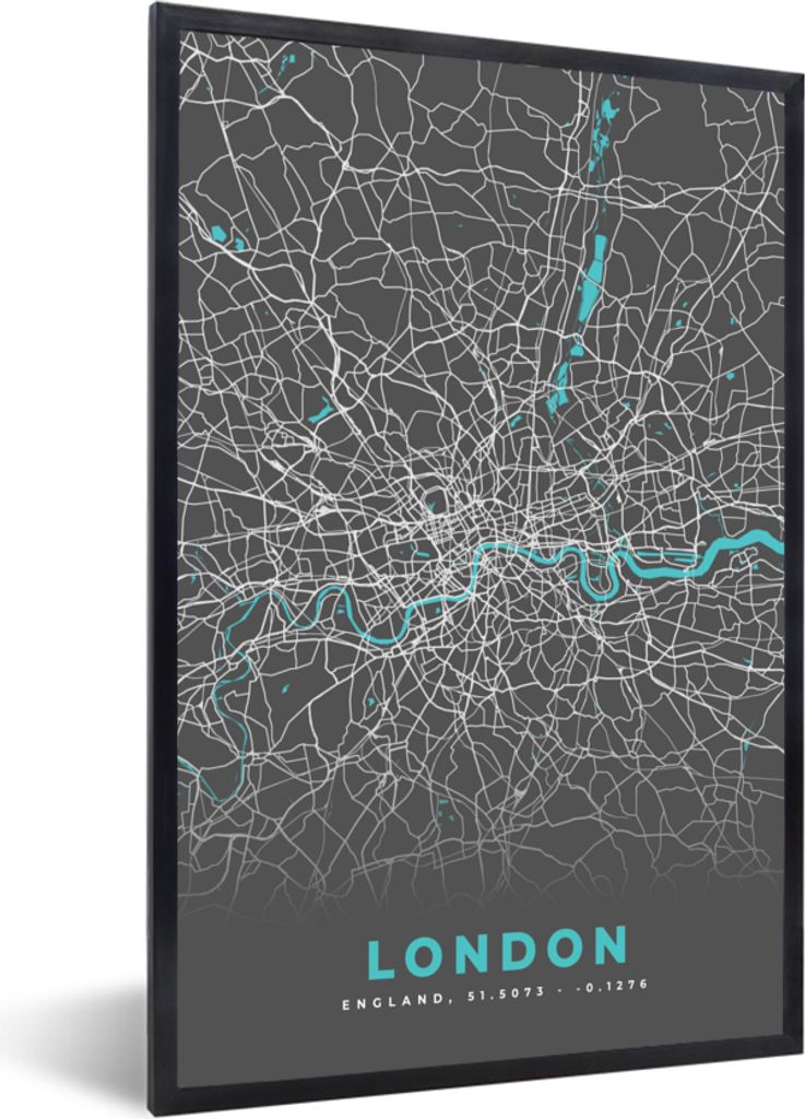 MuchoWow Gerahmtes Poster London - Stadtplan - Blau - Karte 60x90 cm - Poster mit Schwarzem Bilderrahmen Wandposter Rahmen Foto Bilder - Kunst