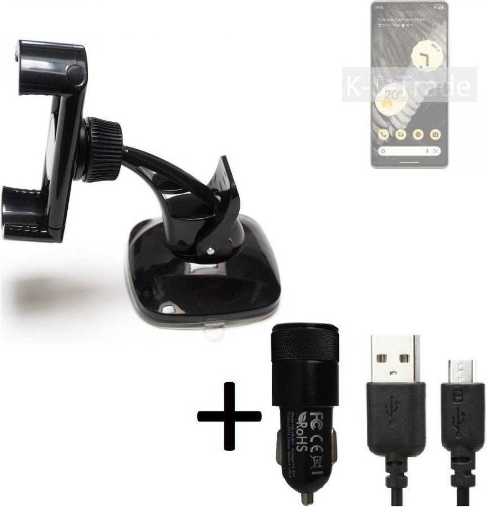 K-S-Trade Halterung kompatibel mit Google Pixel 7 Pro Windschutzscheibe / Armaturenbrett + LADEGERÄT mit Mico USB Kabel Autohalterung KFZ Halter
