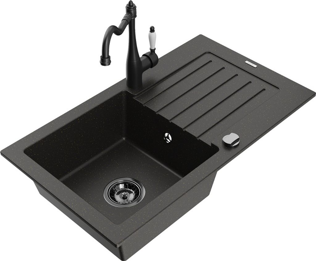 Mexen Pablo 1 Becken-Granitspüle mit Abtropffläche und Mischbatterie Carla, Schwarz/Gold metallisch - 6510-75-670700-70-B