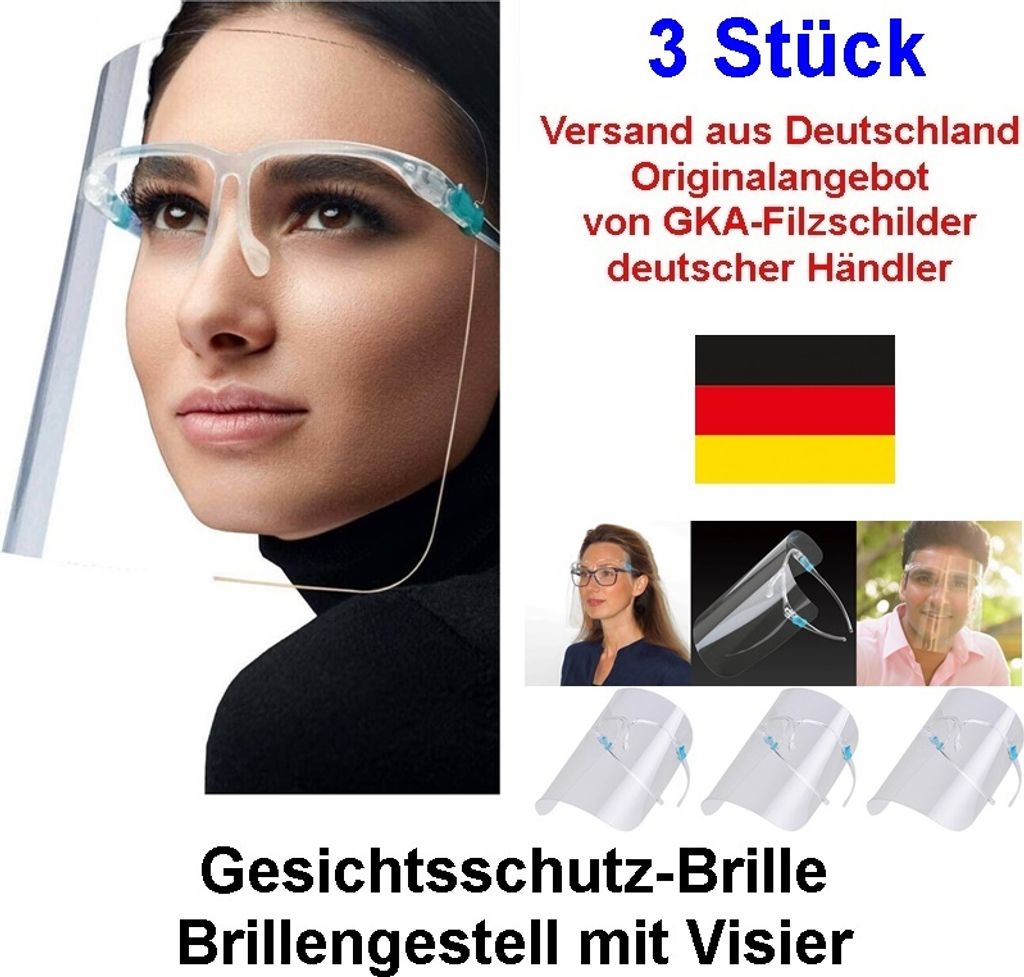GKA 3 Stück Gesichtsschutz Visier mit Brillengestell Produktbild 