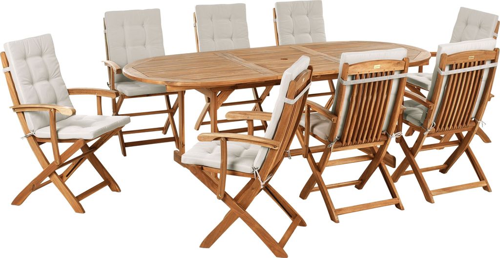 BELIANI Gartenmöbel Set Hellbraun Akazienholz 8-Sitzer inkl. Auflagen Taupe Terrasse Outdoor Modern Ovaler Gartentisch mit 8 Stühlen