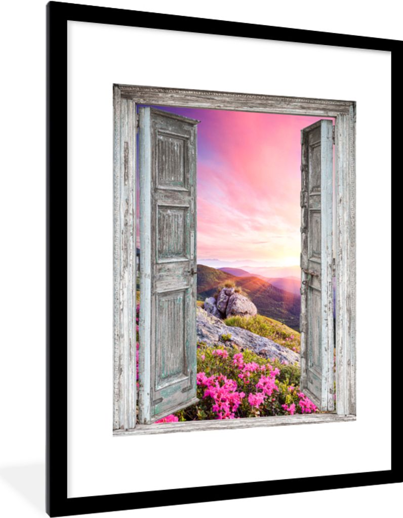 MuchoWow Gerahmtes Poster Berge - Landschaft - Aussicht - Blumen 60x80 cm - Poster mit Schwarzem Bilderrahmen Wandposter Rahmen Foto Bilder - Woh...