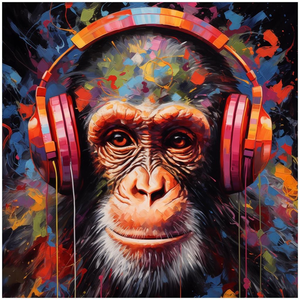 Wallario Memoboard Magnettafel aus Glas, Größe 50 x 50 cm, Motiv Schimpanse mit Kopfhörern