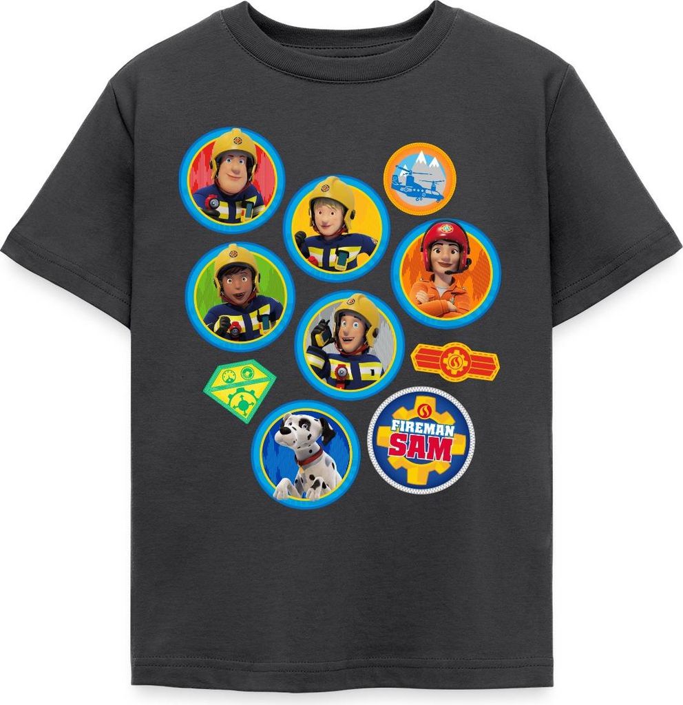 Spreadshirt Feuerwehrmann Sam Patch-Design Vom Ganzen Team Kinder T-Shirt, 122/128 (7-8 Jahre), Dunkelgrau