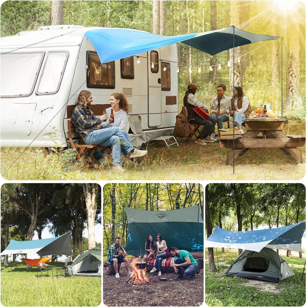 Zeltplane, ultraleichte Plane von 3,7 x 4,3 m mit 6 Befestigungspunkten, wasserdichte Plane, die mit Zelt und Hängematte für Camping, Wandern und...