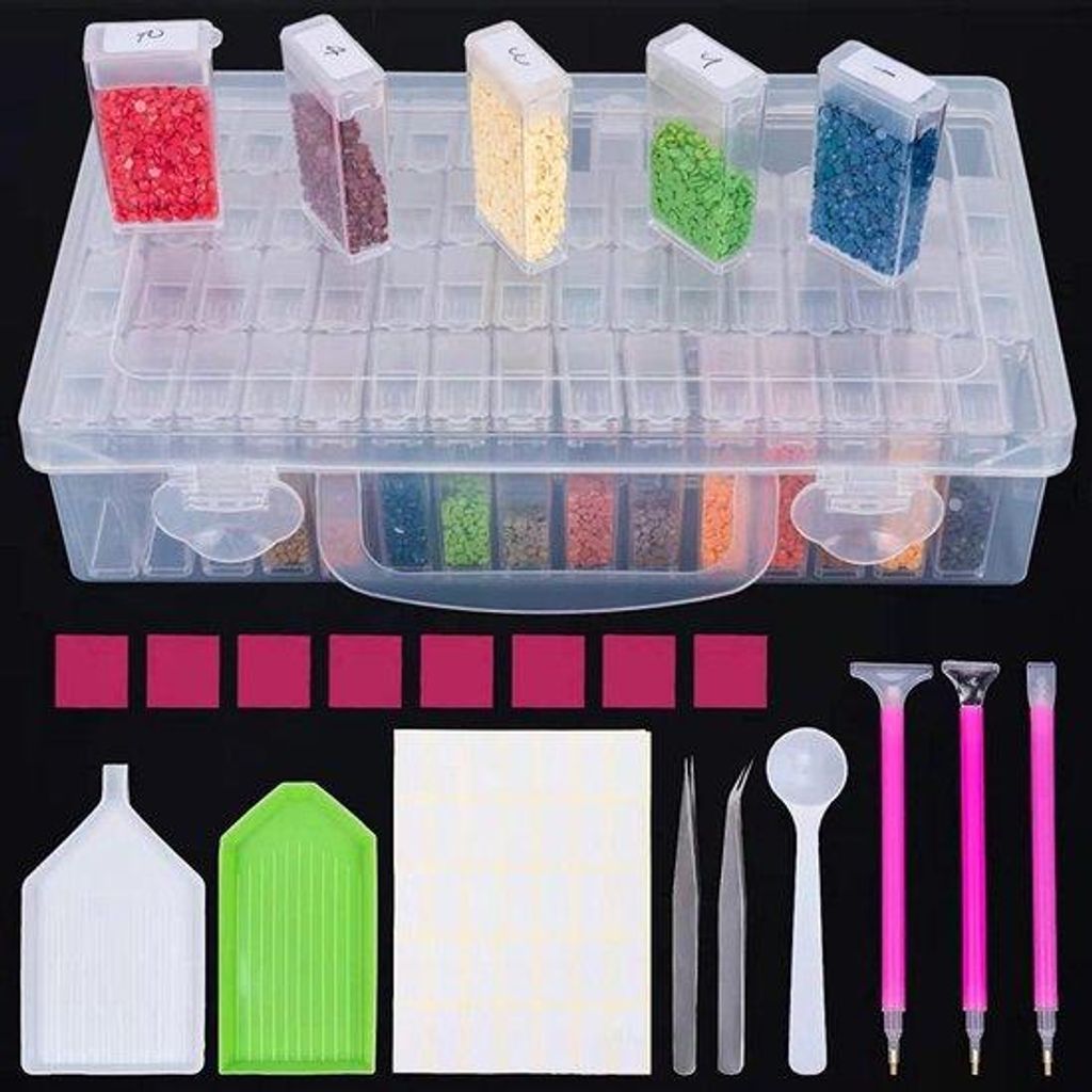 Diamanten-Set für Accessoires mit Koffer, Trichter, Stempeln und Flaschen für Diamanten, Samen, Schmuck, Bastelwaren für Erwachsene und Kinder