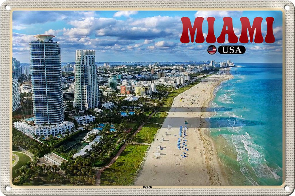 Blechschild Reise 40x30cm Miami USA Strand Hochhäuser Meer Urlaub