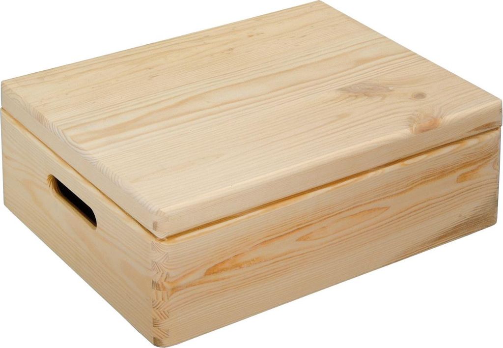 A wooden storage box with a hinged lid and handles on the sides.