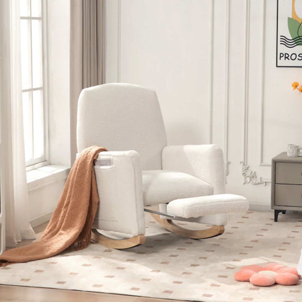 Schaukelstuhl mit Hocker, Relaxsessel mit Ottomane, Schaukelstuhl für den Innenbereich mit hoher Rückenlehne für das Wohnzimmer, weißer Teddy-S...