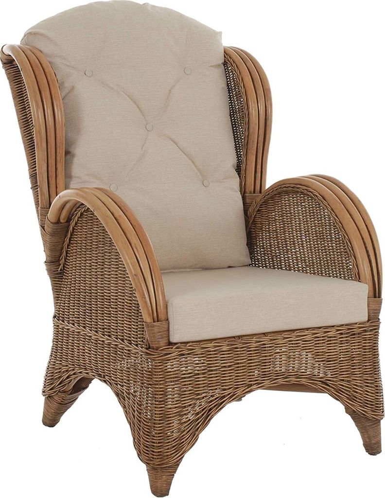 KRINES HOME Ohrensessel bequem und breit Hochlehnsessel aus Rattan / Fernsehsessel Wohnzimmer / Rattanmöbel (Vintage Braun)