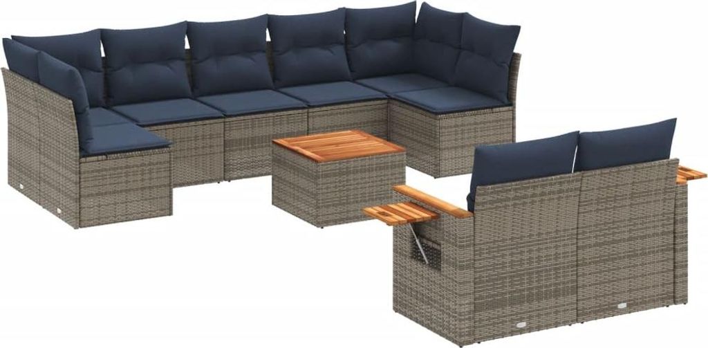 vidaXL 10-tlg. Garten-Sofagarnitur mit Kissen Grau Poly Rattan