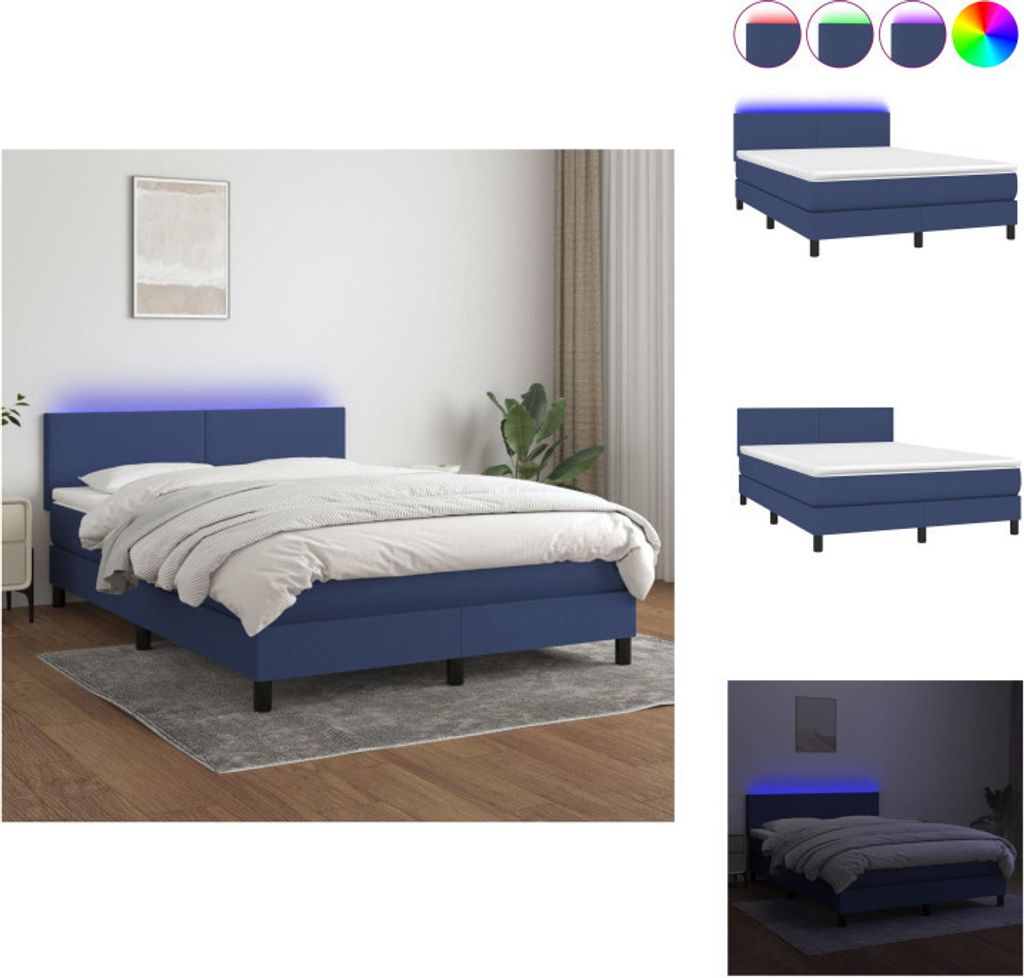 vidaXL Boxspringbett mit Matratze & LED Blau 140x200 cm Stoff - Betten & Bettgestelle