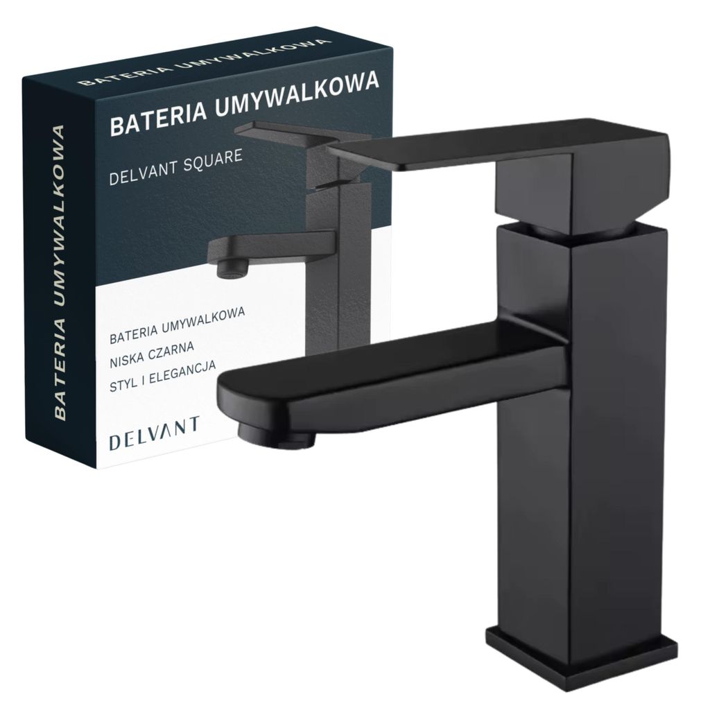 A black faucet is shown next to its packaging.