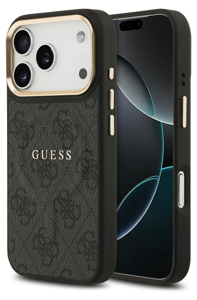 A black and gray Guess branded phone case for an iPhone 14 Pro, shown from the front with the phone inside.
