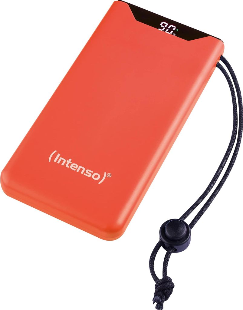 A bright orange power bank with a black lanyard.