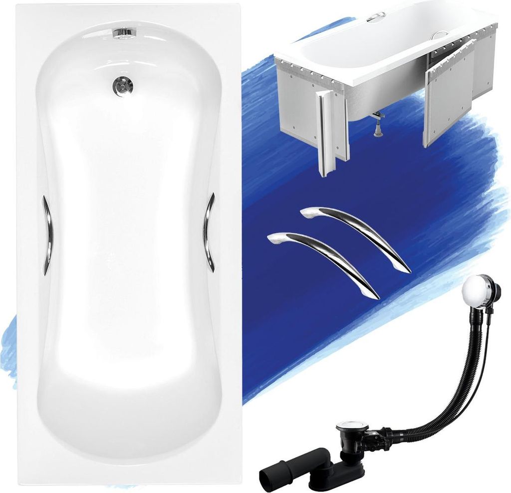 BADLAND Badewanne Rechteck Aria Plus 140x70 mit Ablaufgarnitur, Handgriffen, Füßen und Styroporverkleidung GRATIS