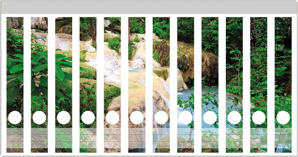 Wallario Ordnerrücken Sticker, selbstklebend für schmale Ordner, 12 Stück, Motiv Verborgener Wasserfall in einem tropischen Wald