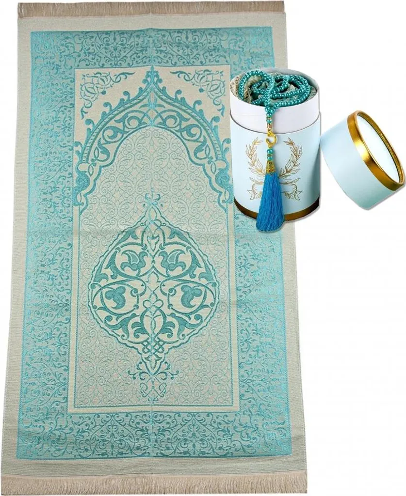 Tapis de prière léger turquoise : transport facile avec boîte et Tasbih
