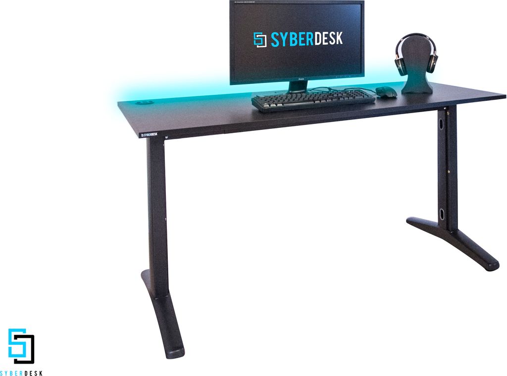 SyberDesk Gaming Tisch ULTRA LED USB 139x68 auf massivem Gestell mit Kabelmanagement-System, Schreibtisch für Gamer, Schwarz Gaming Tisch
