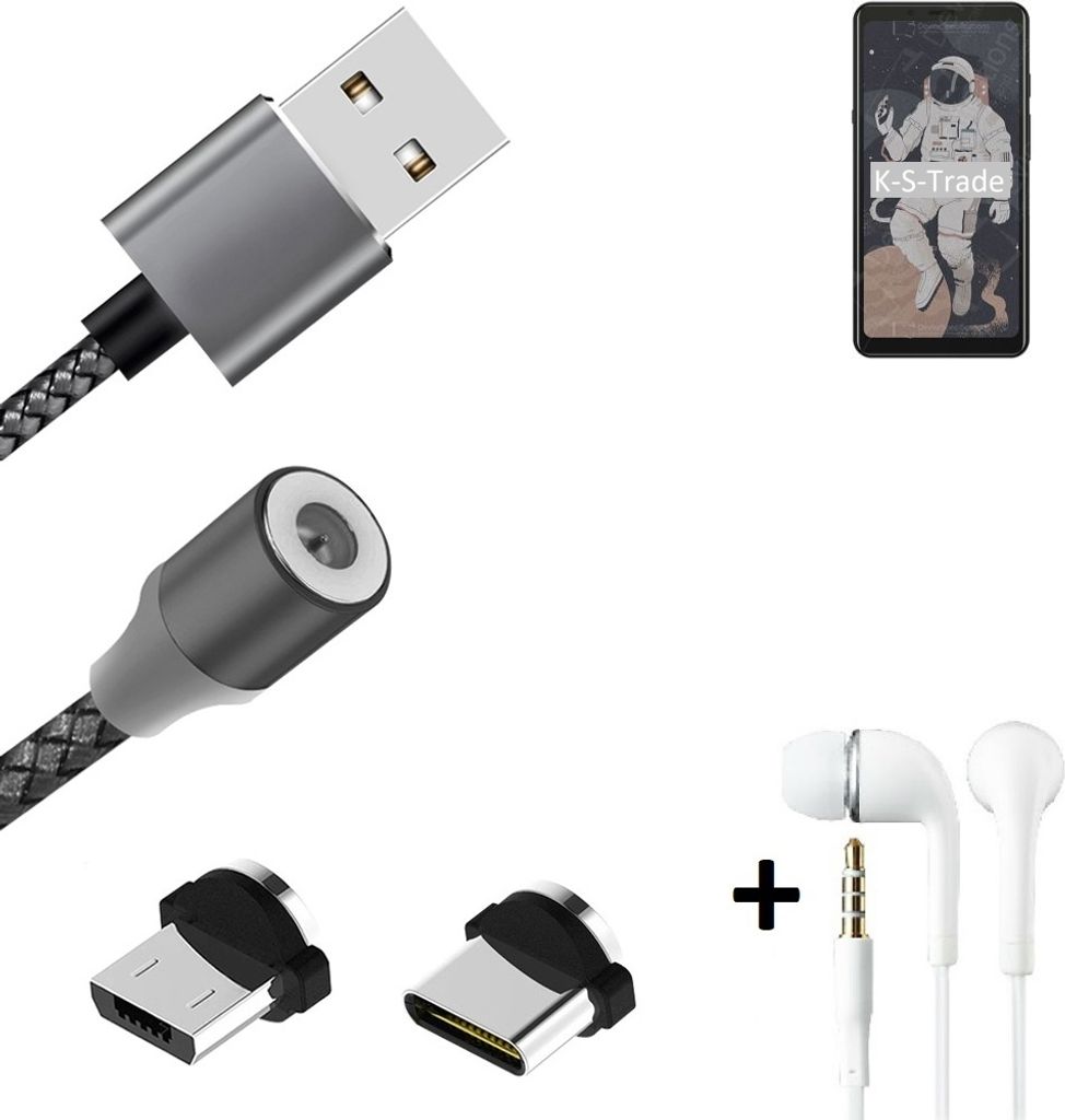 K-S-Trade Hochwertiges Magnet-Lade-kabel Sync-Kabel Daten-Kabel + Kopfhörer für HiSense A5C mit USB-Typ-C-Anschluss und Micro-USB-Anschluss 2A bis