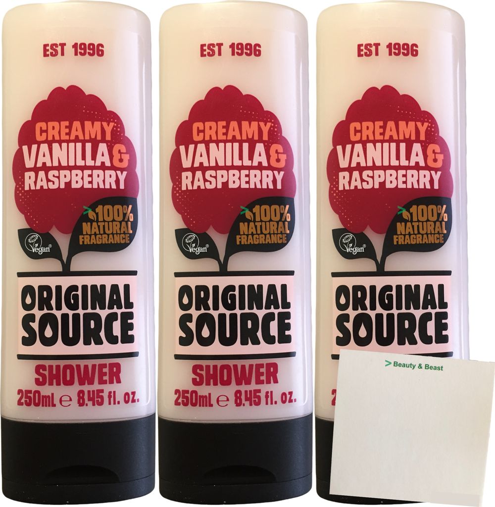 Original Source Creamy Vanilla & Raspberry Duschgel 3er Pack (3x250ml Flasche) + usy Block