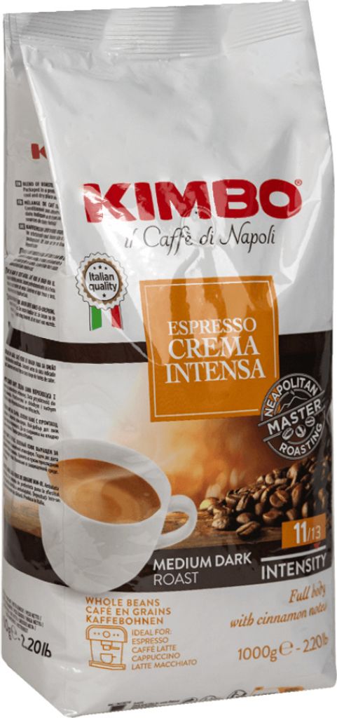 A bag of Kimbo Espresso Crema Intensa whole bean coffee.
