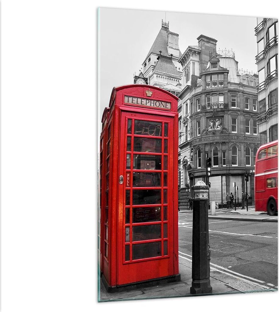 Bilder auf glas - Einteilig - Bus Telefon Straße - 80x120cm - Glasbilder - Wandbilder - Bilder - zum Aufhängen bereit - Wanddekoration aus Glas -...