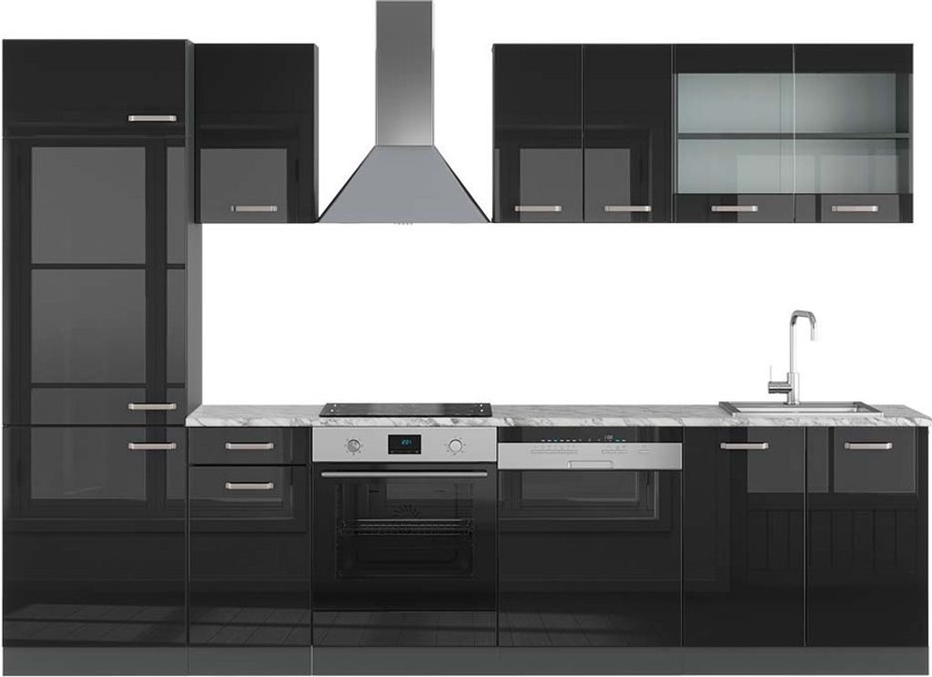 Küchenzeile Vicco R-Line Schwarz Hochglanz/Anthrazit 300 cm , AP Marmor, Model 49548