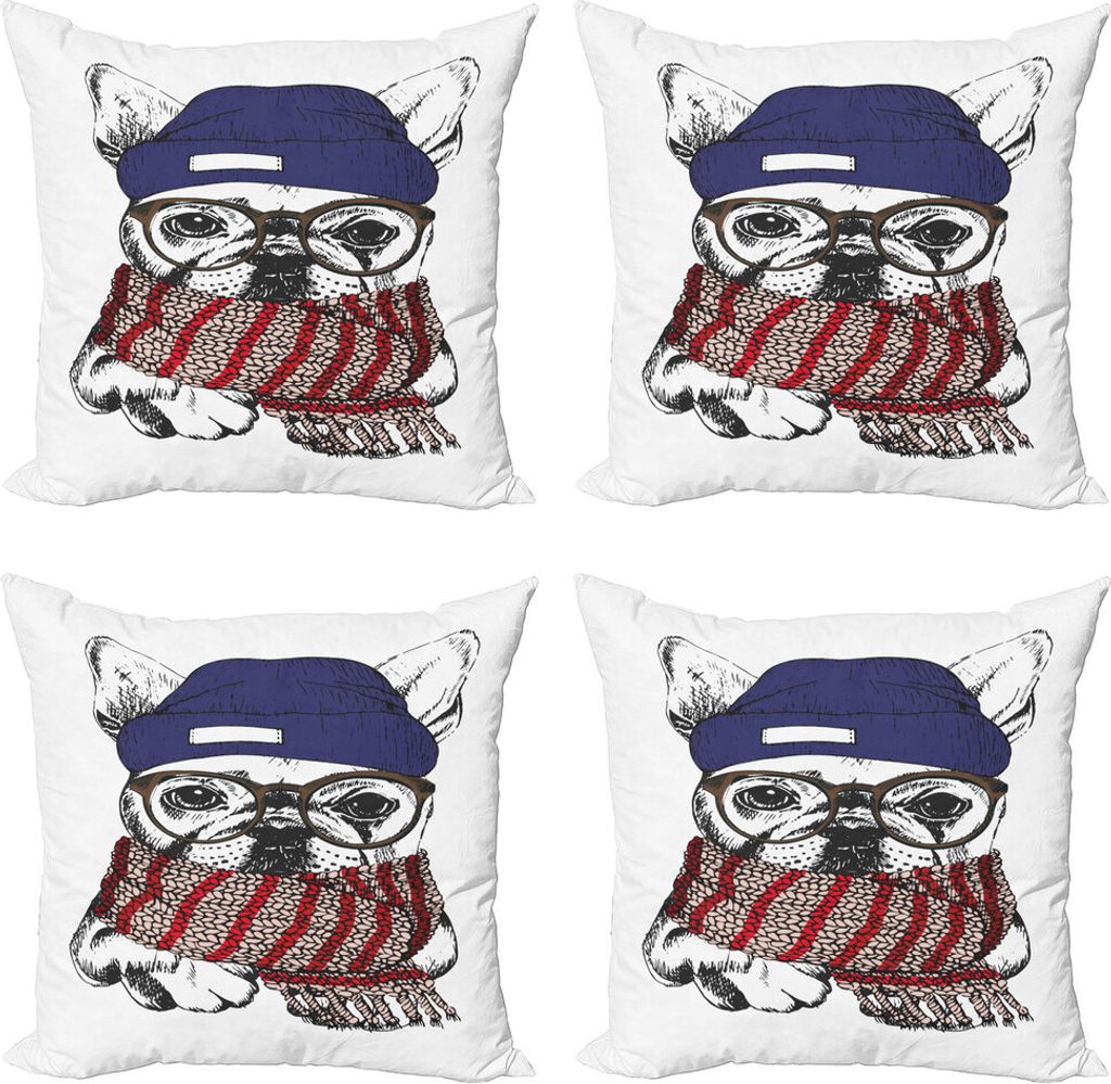 ABAKUHAUS Bulldogge Kissenbezug Set (4 Stück), Cozy Hipster Winter-Hund, Moderner Doppelseitiger Digitaldruck, 60 cm x 60 cm, Mehrfarbig