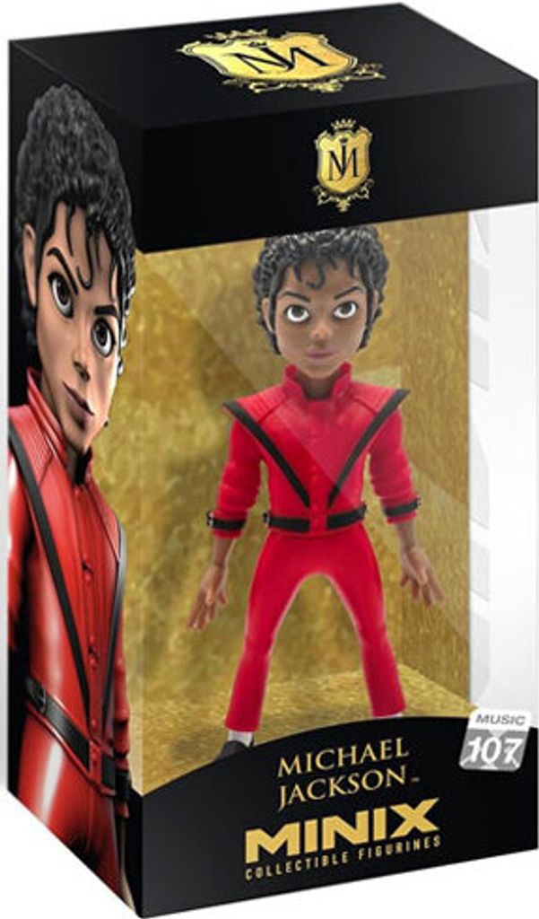 A collectible figurine of Michael Jackson in his iconic Thriller outfit, displayed in its packaging.