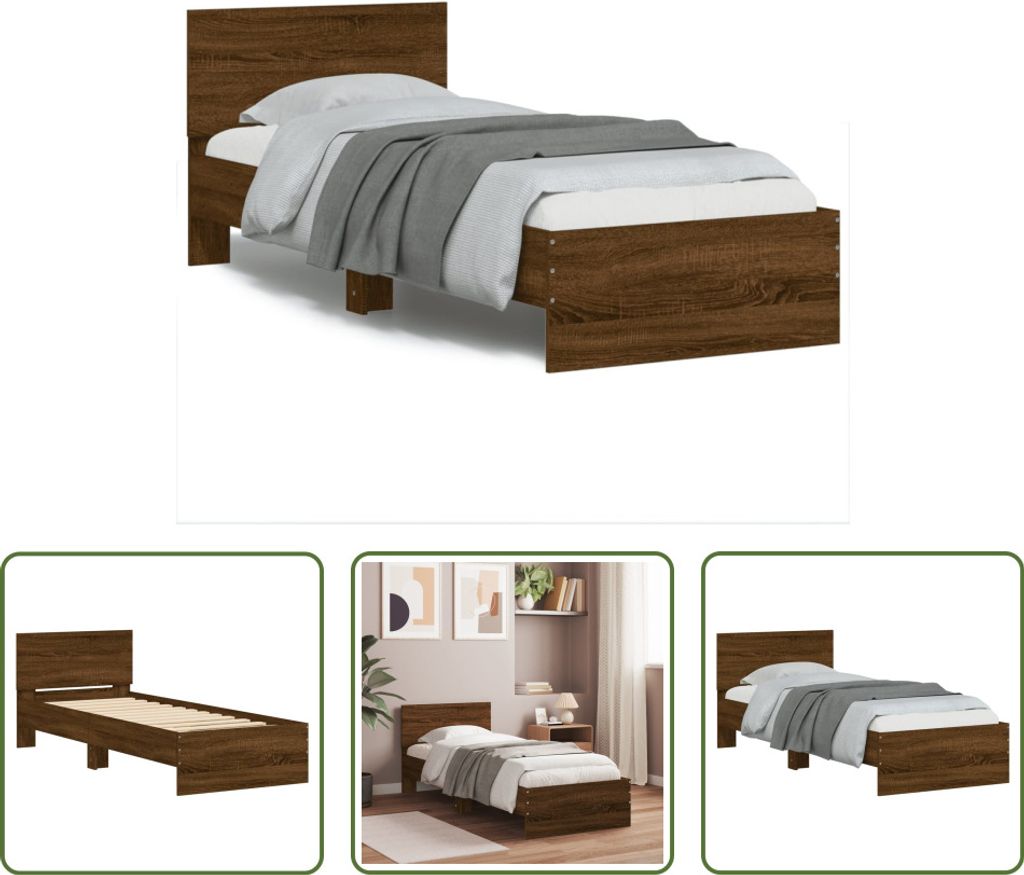 The Living Store Bettgestell mit Kopfteil Braun Eichen-Optik 90x190 cm