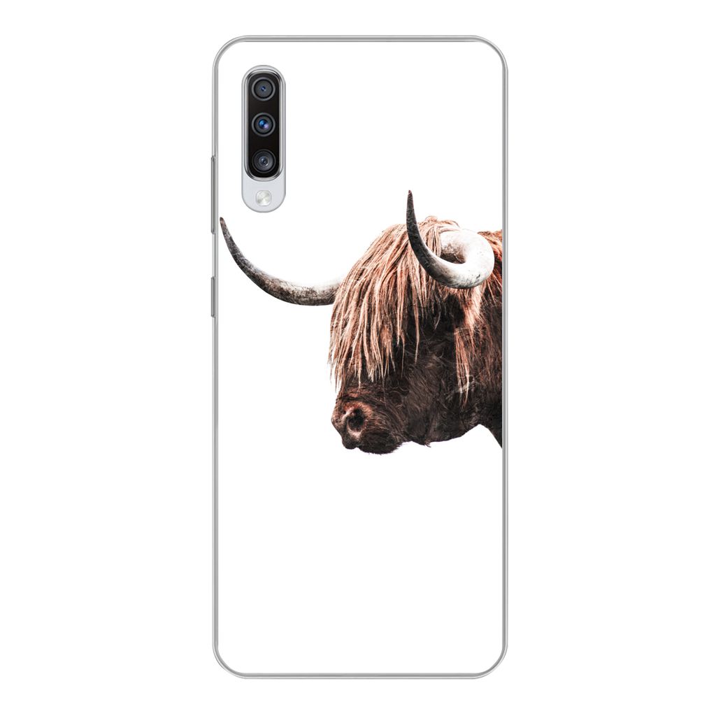 MuchoWow Handyhülle Schutzhülle Hülle für Samsung Galaxy A70 Schottischer Highlander - Hoorn - Porträt Silikon Softcase Handy Hülle - Schut...