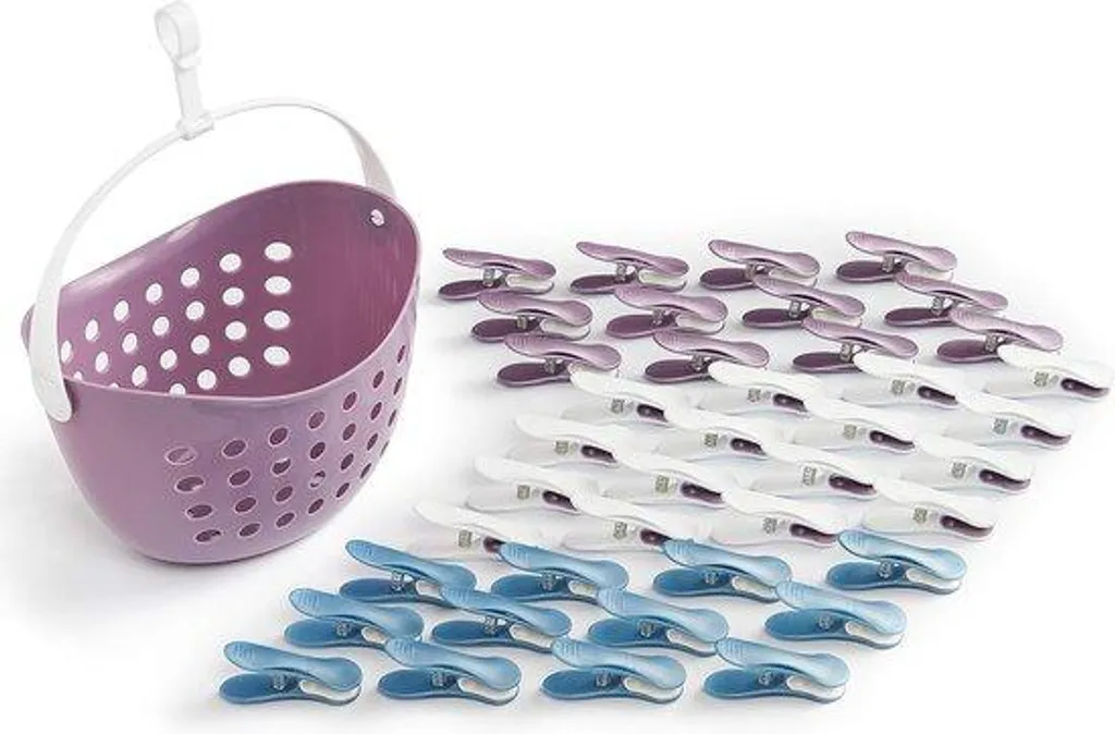 Rangement pour épingles à linge en coton avec 50 pinces bois naturel