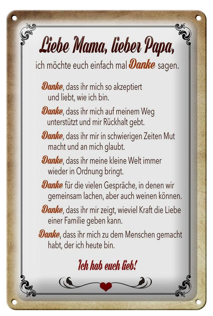 Blechschild Spruch 20x30cm Mama Papa hab euch lieb danke
