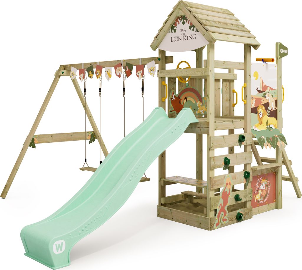 WICKEY Spielturm Disney Der König der Löwen Adventure mit Schaukel & Rutsche, Kletterturm mit Holzdach, Sandkasten, Leiter & Spiel-Zubehör