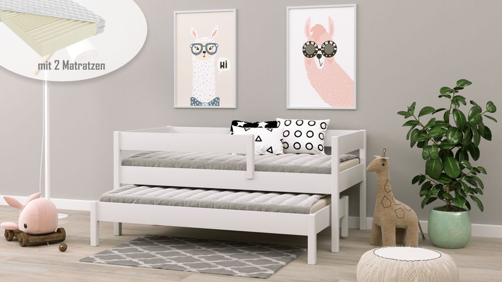 Ausziehbett Felix 140x70 Kinderbett mit Rausfallschutz & Lattenrost weiß 70 x 140 für Mädchen und Jungen Massivholz Kiefer, mit Matratzen
