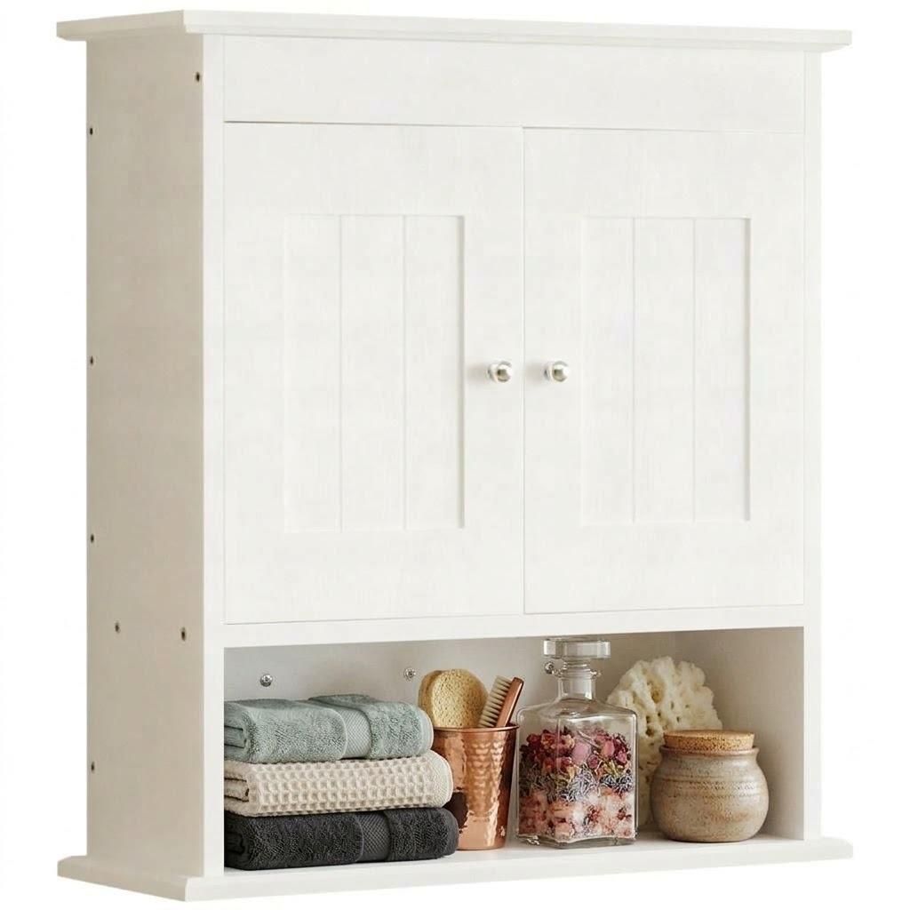 Weißer Wandschrank für das Badezimmer mit Regalen im Produktbild 