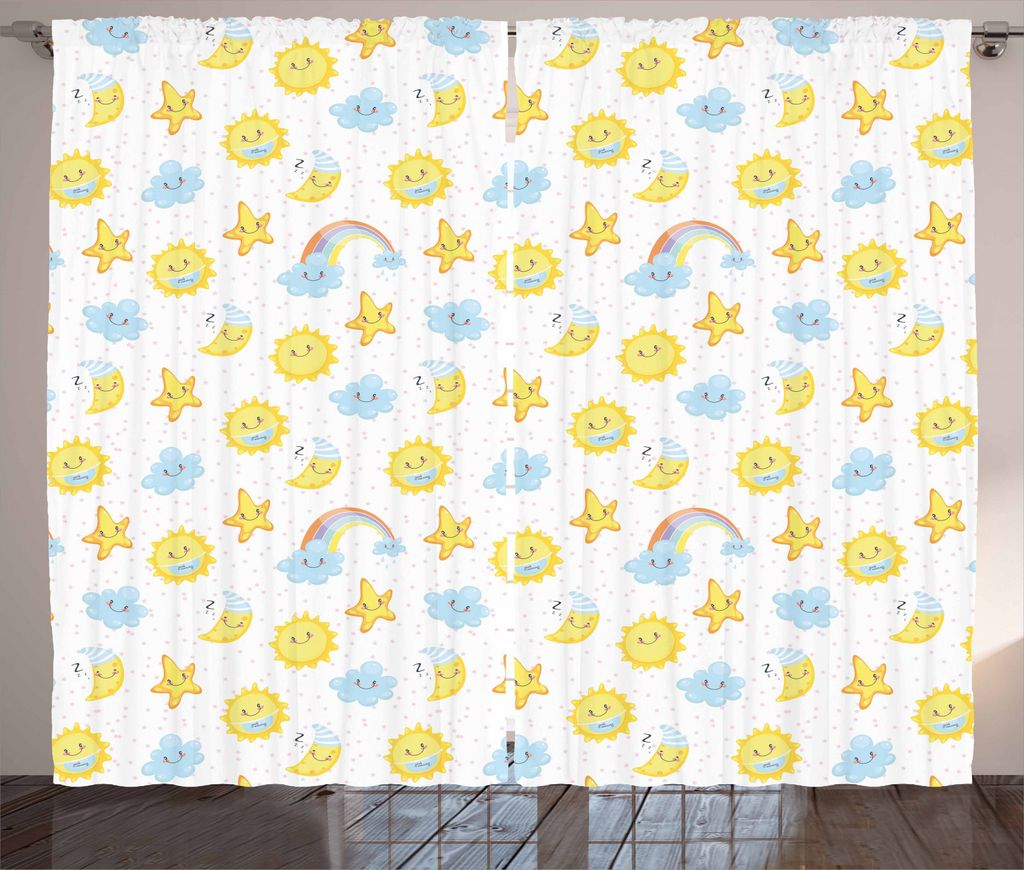 ABAKUHAUS Mond Rustikaler Vorhang, Glückliche Monde Sterne Wolken, Wohnzimmer Universalband Gardinen mit Schlaufen und Haken, 280 x 245 cm, Baby B...