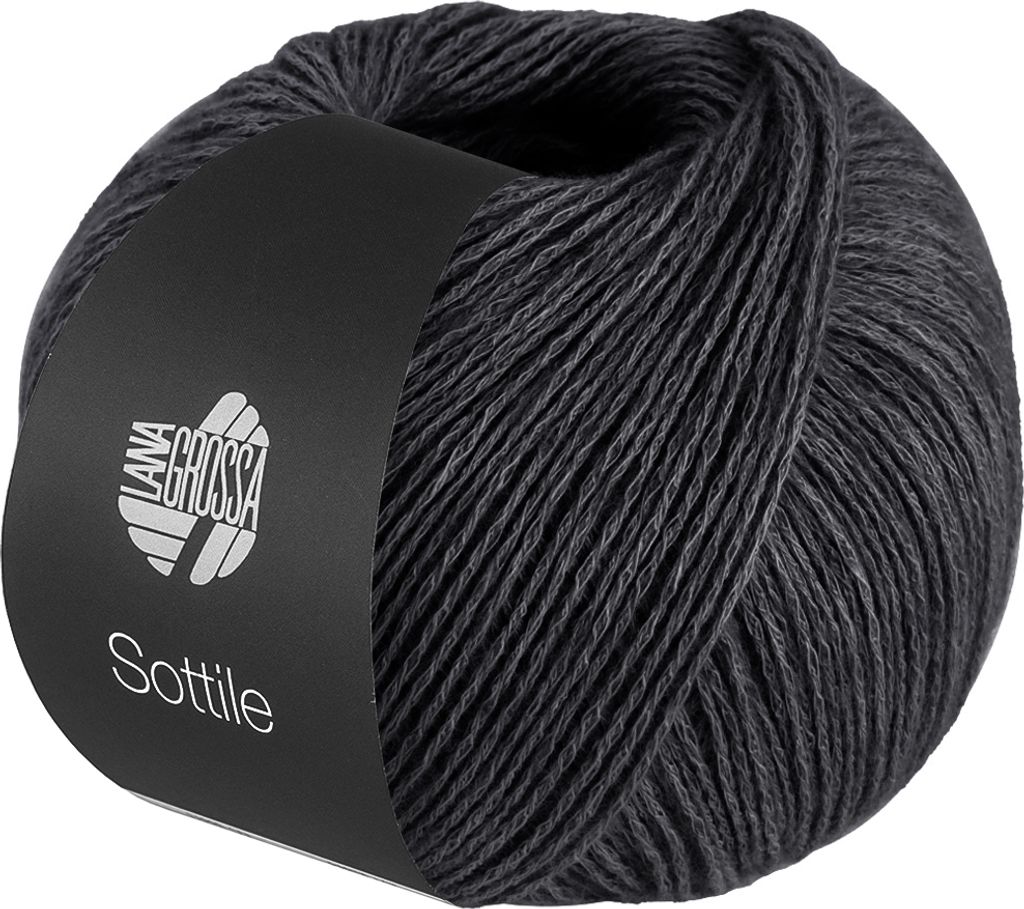 A ball of dark gray yarn with a black label.